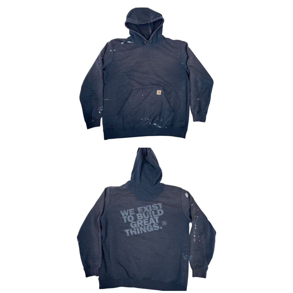 Vintage Carhartt Hoodie Sweatshirt Mens XL Blue "We Exist To Build" Sun Faded